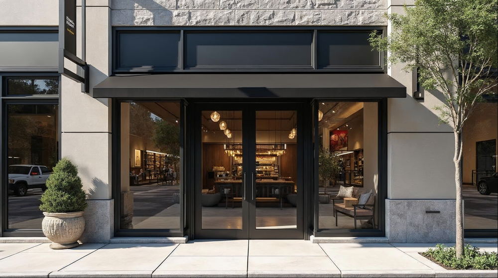 Aluminum storefront framing with double entry and transom on a Jacksonville commercial building