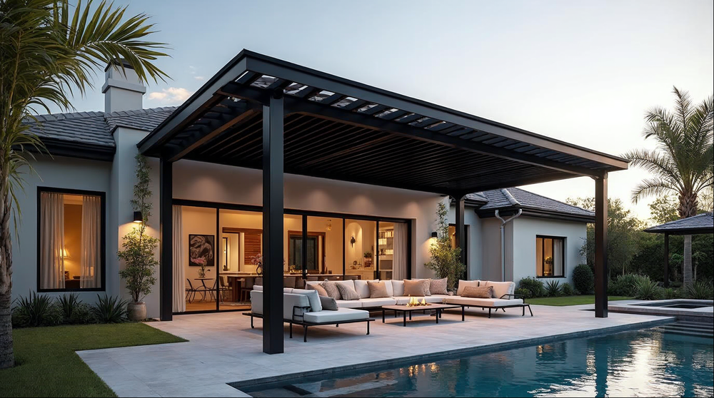 Aluminum backyard pergola on a Florida luxury home patio in matte black finish