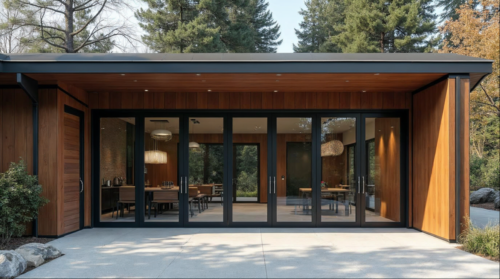 Gladiator bi-fold doors displayed in a wholesale showroom — door reseller inventory model