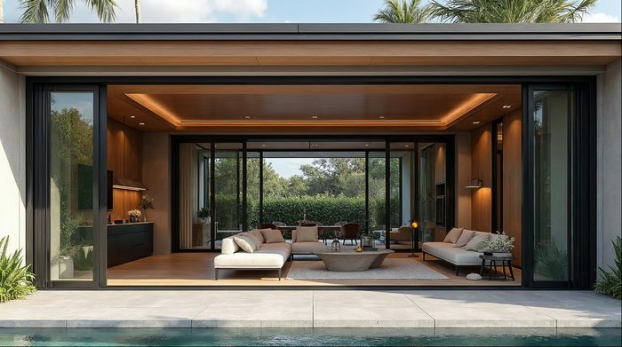 matte black aluminum bifold doors open to a Florida luxury home — Origin door alternative by Gladiator