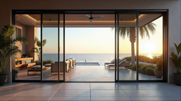 large-format matte black sliding glass door open to waterfront patio in Jacksonville Florida home