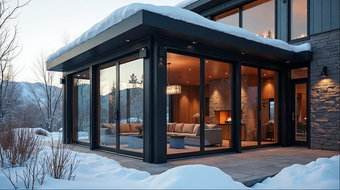 thermal break aluminum bi-fold doors in a cold climate mountain home