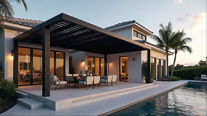 Modern cantilever aluminum pergola design in matte black at a Florida coastal home