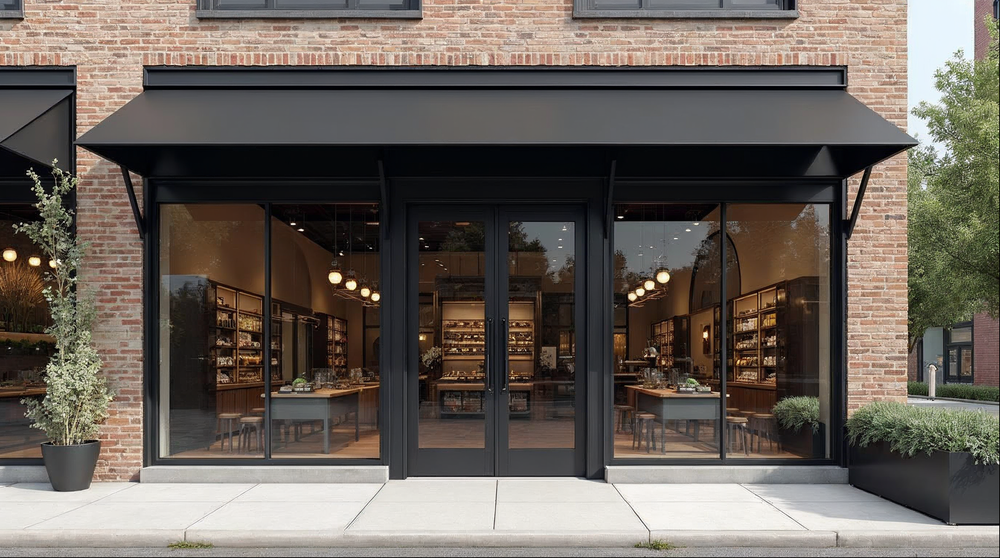 matte black commercial entrance doors with sidelites and transom on a Florida mixed-use building