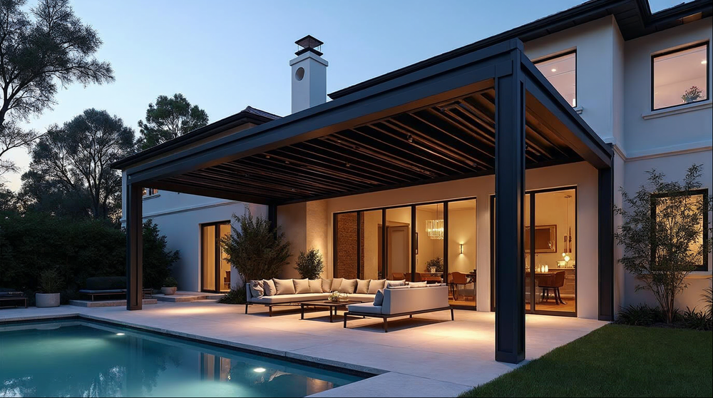 aluminum pergola with integrated LED lighting and ceiling fan at a Jacksonville luxury home at dusk