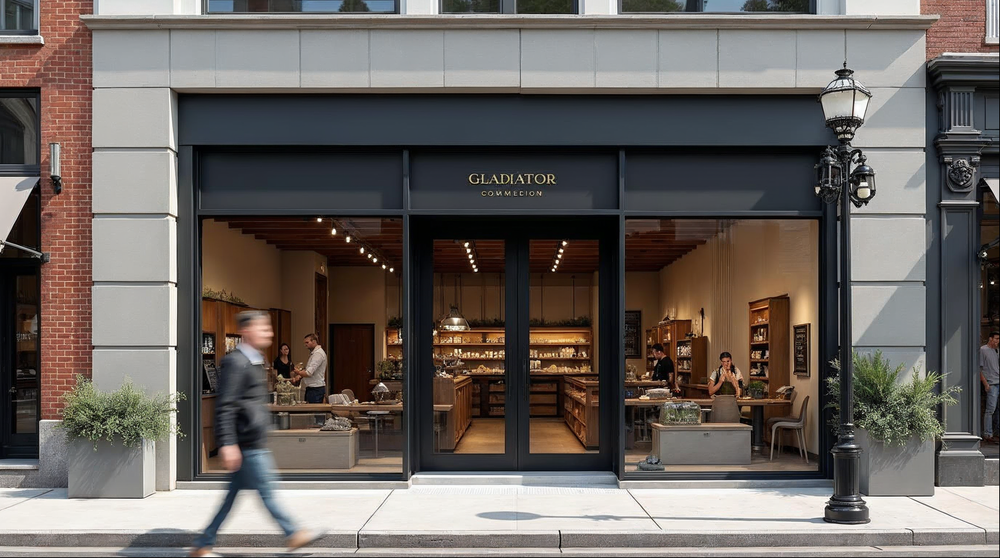matte black commercial sliding entrance doors on a modern storefront with full-height glass sidelites