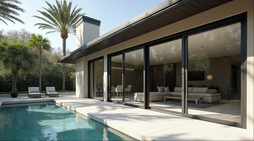 Low-E glass sliding glass door open to a Jacksonville Florida pool deck, showing energy-efficient glazing
