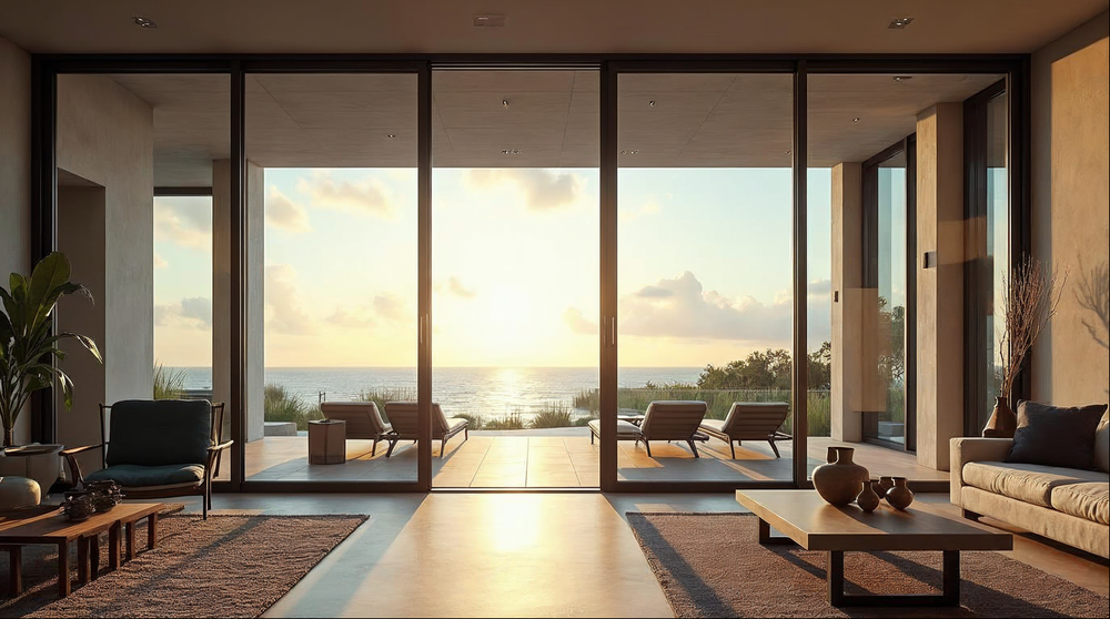 Gladiator sliding glass door open to a Florida coastal patio — sliding vs French doors comparison