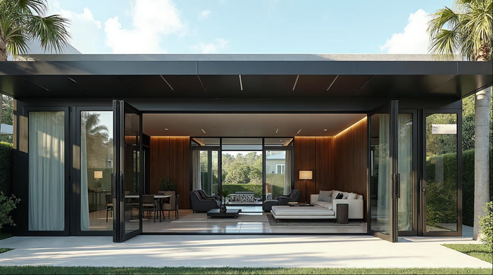 automatic folding glass doors open on a Florida luxury home — motorized bi-fold system by Gladiator