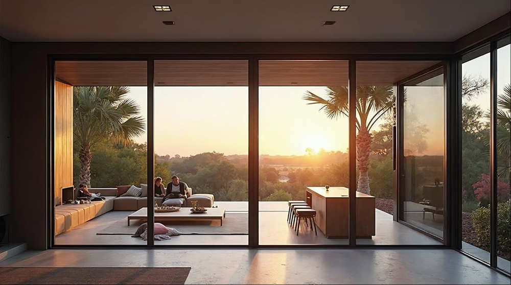 matte black aluminum sliding glass door on a Florida backyard ADU small build