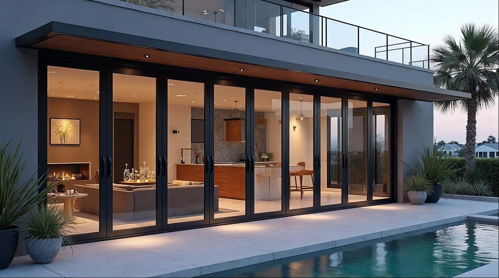 Folding glass wall cost — 8-panel aluminum bi-fold door on Florida luxury coastal home at dusk