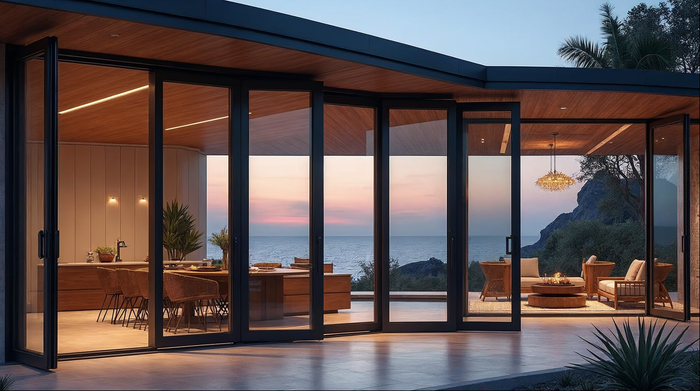 folding door screen options on a large-format aluminum bi-fold door system in a Florida coastal home