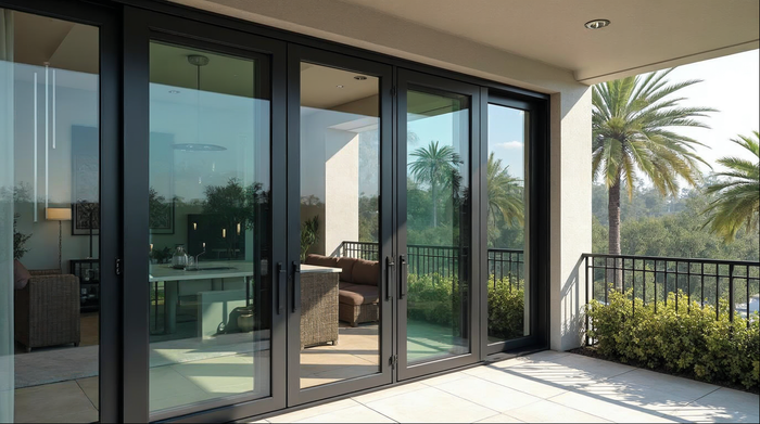 sliding glass doors for multifamily construction on a Florida mid-rise balcony in matte black aluminum