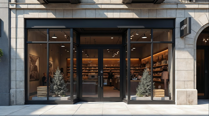 matte black commercial storefront doors on a modern office building lobby