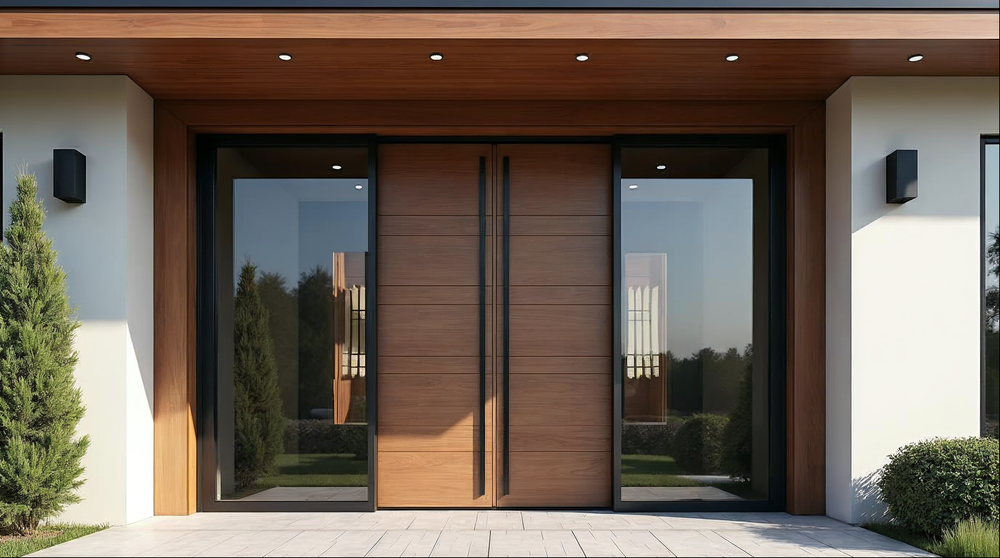 Large pivot door flooding a Jacksonville home foyer with natural morning light