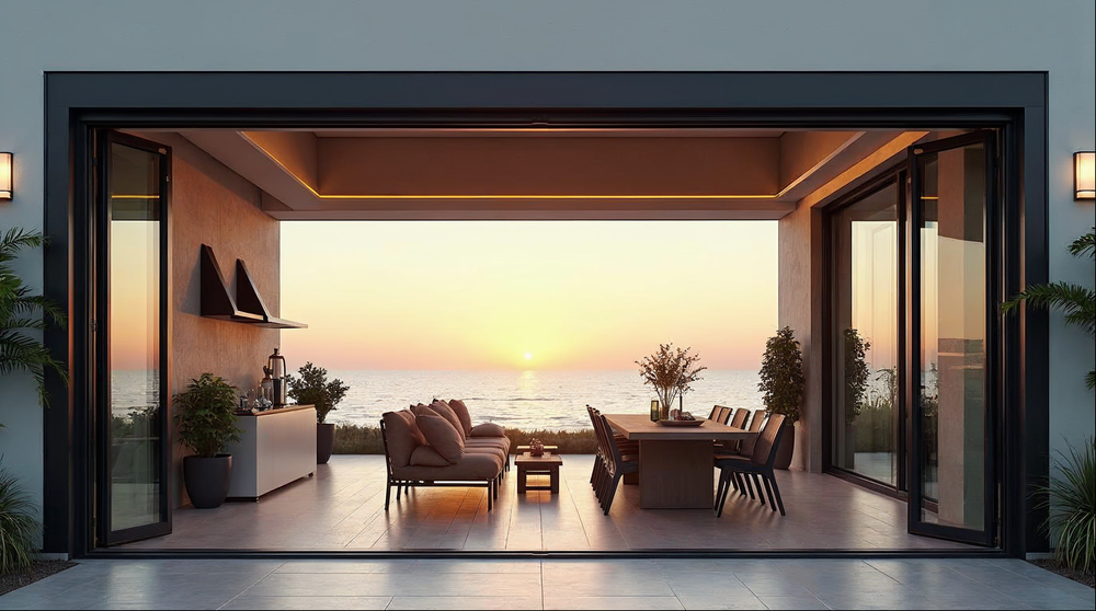 LaCantina vs Western Window Systems bi-fold door alternative — matte black aluminum folding door on Florida luxury home