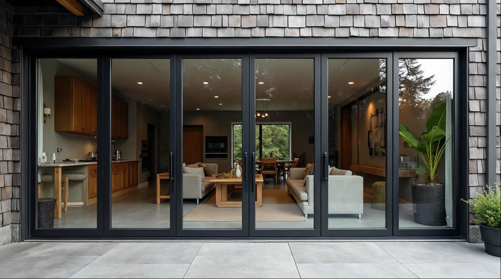 Affordable folding glass wall system installed in a Pacific Northwest luxury home — Gladiator bi-fold doors matte black 8-panel