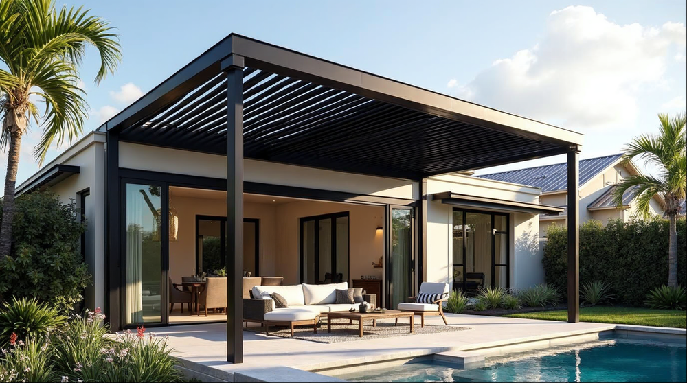 Matte black aluminum pergola over a Florida luxury home outdoor living space