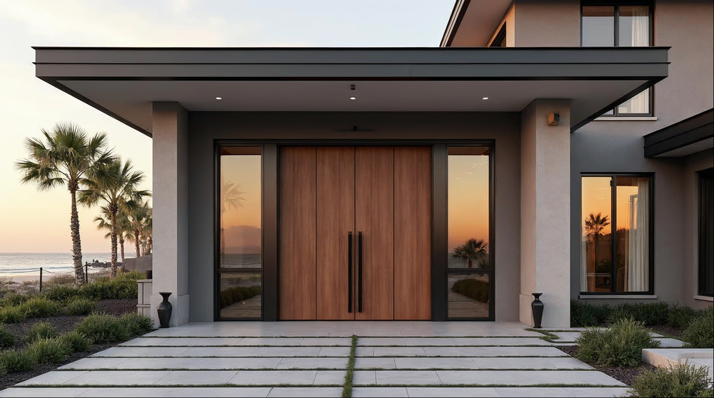 Matte black aluminum pivot door on a Florida coastal luxury home — pivot door coastal installation
