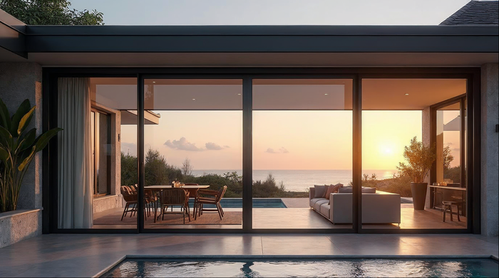 Custom bifold door spanning a luxury Florida coastal home's living room wall at golden hour