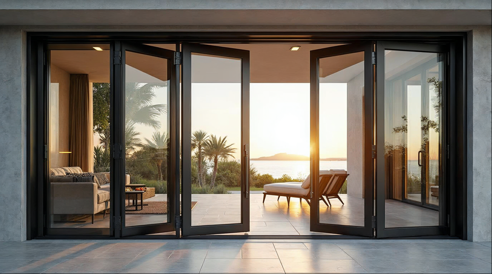 Matte black bi-fold coastal waterfront doors fully open to Gulf of Mexico view on Florida luxury home