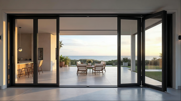 Premium bi-fold accordion door system open to pool deck — resale value upgrade