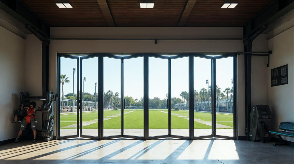 Matte black bi-fold gym fitness doors opening a training floor to outdoor turf field in Florida