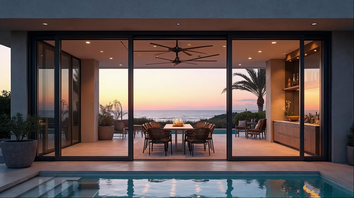 Custom sliding glass door in matte black opening to a Jacksonville coastal home at dusk