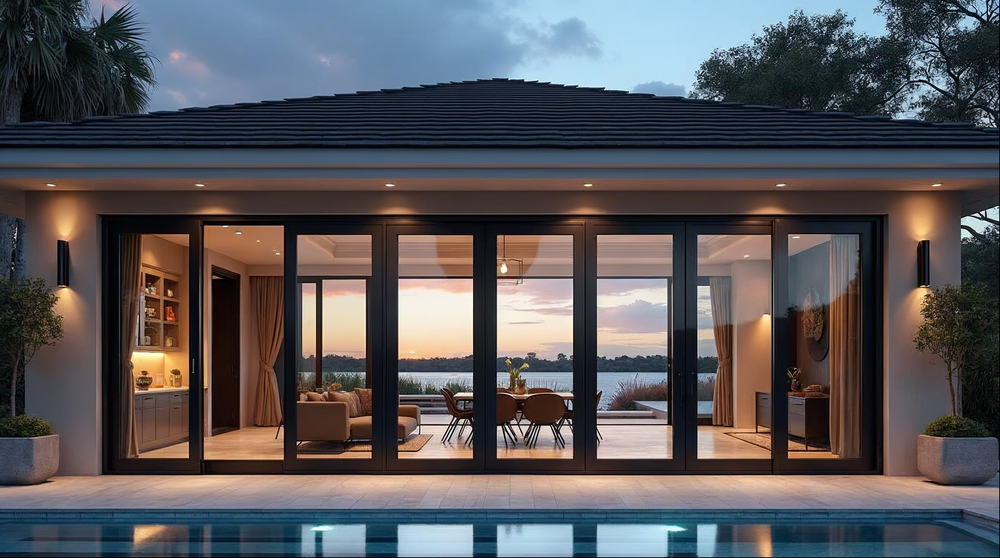motorized bifold door open across a 32-foot poolside opening in a Florida luxury home at dusk