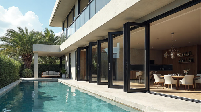 Matte black bifold door patio opening fully stacked beside a luxury Florida pool