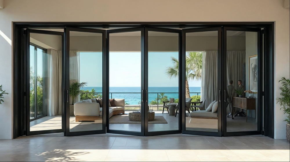 Gladiator bi-fold door spec sheet reference — 8-panel aluminum bi-fold system in matte black