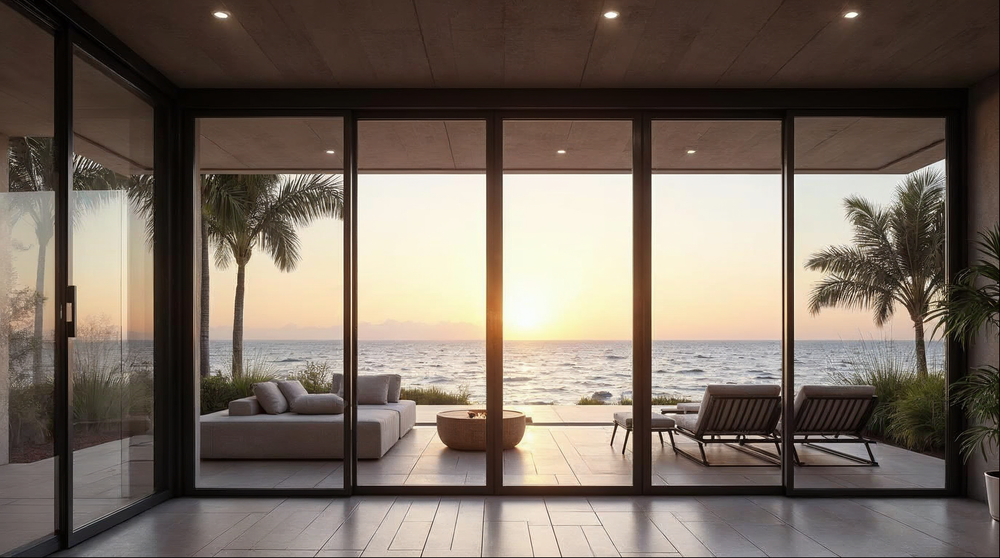 Matte black aluminum multi-slide sliding glass door opening to a Florida waterfront pool deck