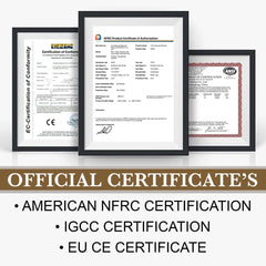 Official certifications for thermal break aluminum sliding glass doors, including NFRC, IGCC, and EU CE certifications.