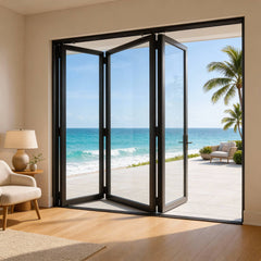 108" Wide BI-Fold Folding Door -Title 24 & NFRC Approved with ocean view from a modern interior.