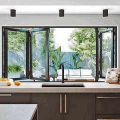 108" Wide Bi-Fold Pass Through Window - Multiple Heights in a modern kitchen design.