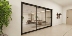 12 Foot Wide Aluminum Panoramic Sliding Door 3-Panel installed in modern living room with stylish decor.
