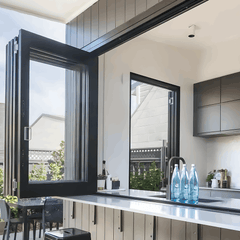 120" Wide Bi-Fold Pass Through Window - Multiple Heights installed in a modern kitchen, offering functionality and style.