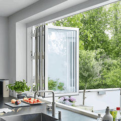 120" Wide Bi-Fold Pass Through Window - Multiple Heights in a modern kitchen, showcasing elegant design and functionality.
