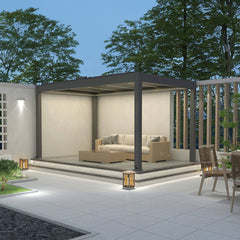 12' x 30' Modern Aluminum Titan Pergola – Gladiator Pergolas in a stylish outdoor setting with seating.