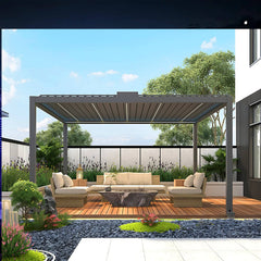 12' x 30' Modern Aluminum Titan Pergola – Gladiator Pergolas with outdoor seating and landscaping.