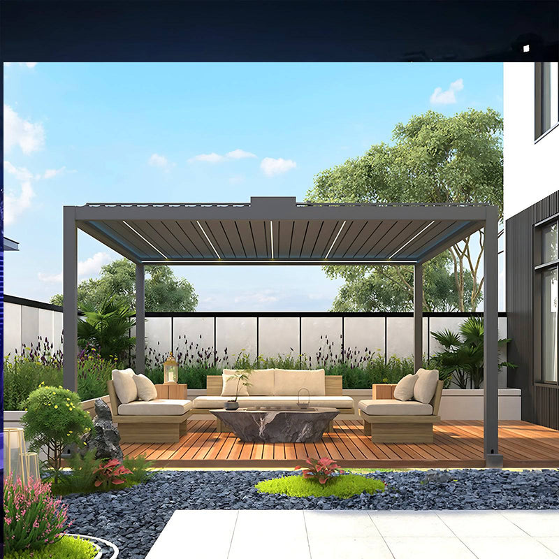 12' x 30' Modern Aluminum Titan Pergola – Gladiator Pergolas with outdoor seating and landscaping.