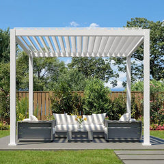 12' x 30' Modern Aluminum Titan Pergola – Gladiator Pergolas with stylish outdoor seating and lush greenery backdrop.