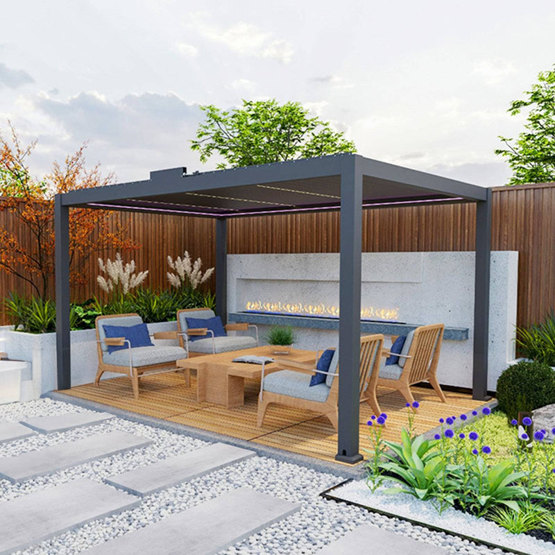 12' x 30' Modern Aluminum Titan Pergola – Gladiator Pergolas in a stylish outdoor setting with lounge furniture.