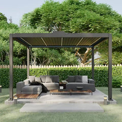 12' x 30' Modern Aluminum Titan Pergola – Gladiator Pergolas with outdoor seating and landscaping.