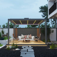 12' x 30' Modern Aluminum Titan Pergola – Gladiator Pergolas with stylish outdoor seating.