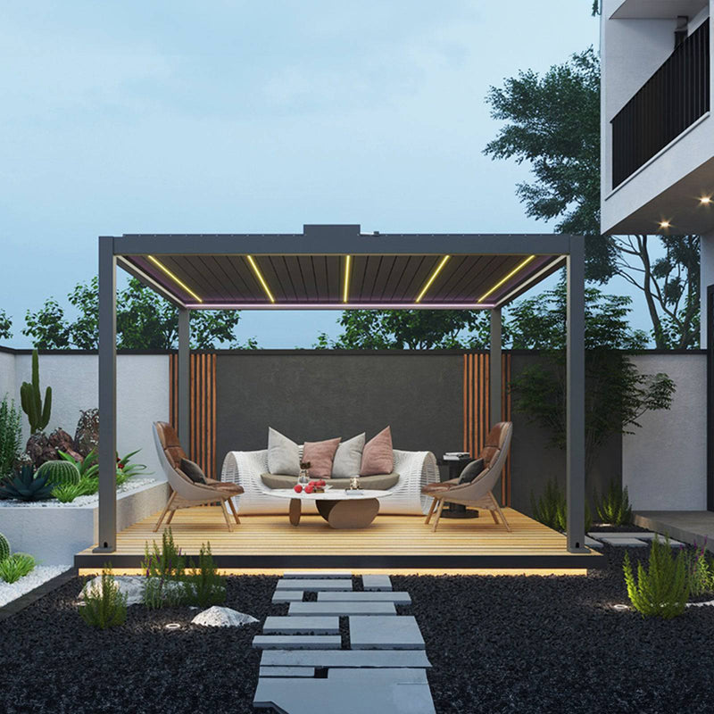 12' x 30' Modern Aluminum Titan Pergola – Gladiator Pergolas with stylish outdoor seating.