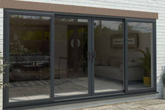 14 Foot Wide Aluminum Bi-Parting 4-Panel Thermal Patio Door - (Multiple Heights) in a modern setting.