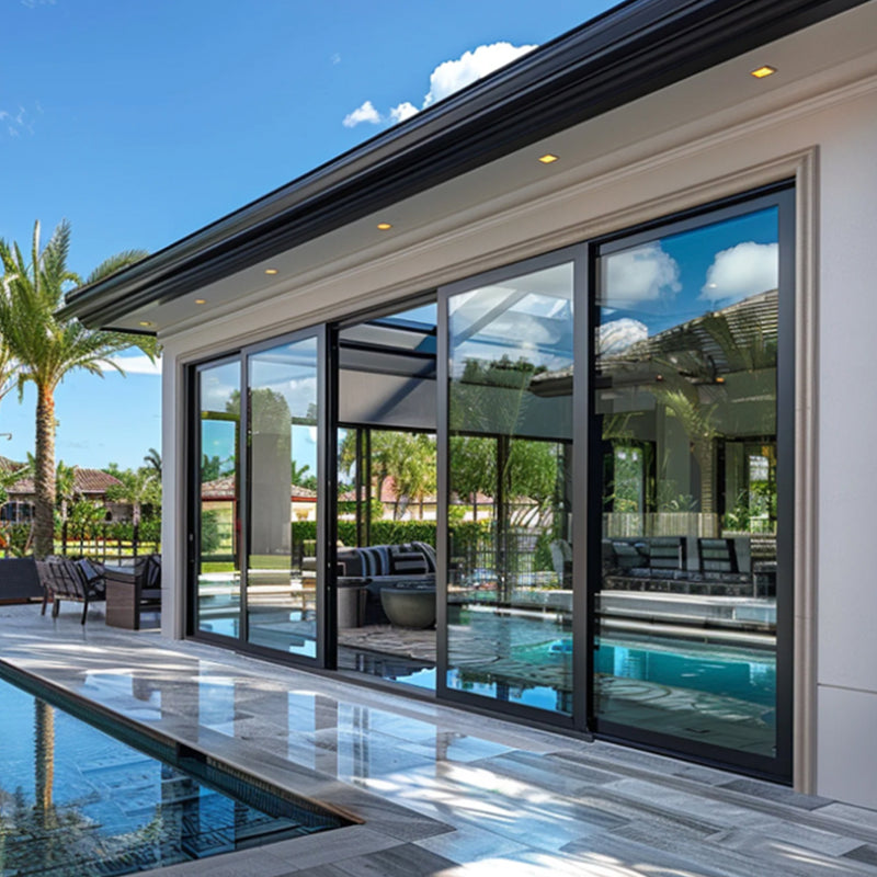 16 Foot Wide Aluminum Sliding 4-Panel Panoramic Patio Door Thermal (Multiple Heights) in a modern outdoor setting.