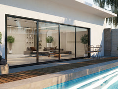 16 Foot Wide Aluminum Sliding 4-Panel Panoramic Patio Door Thermal (Multiple Heights) installed by swimming pool.