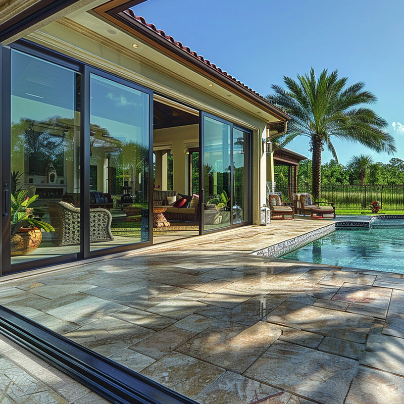 16 Foot Wide Aluminum Sliding 4-Panel Panoramic Patio Door Thermal (Multiple Heights) with scenic pool view.